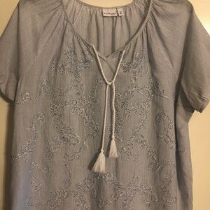 Blue and white striped top with tasseled tie.  2x